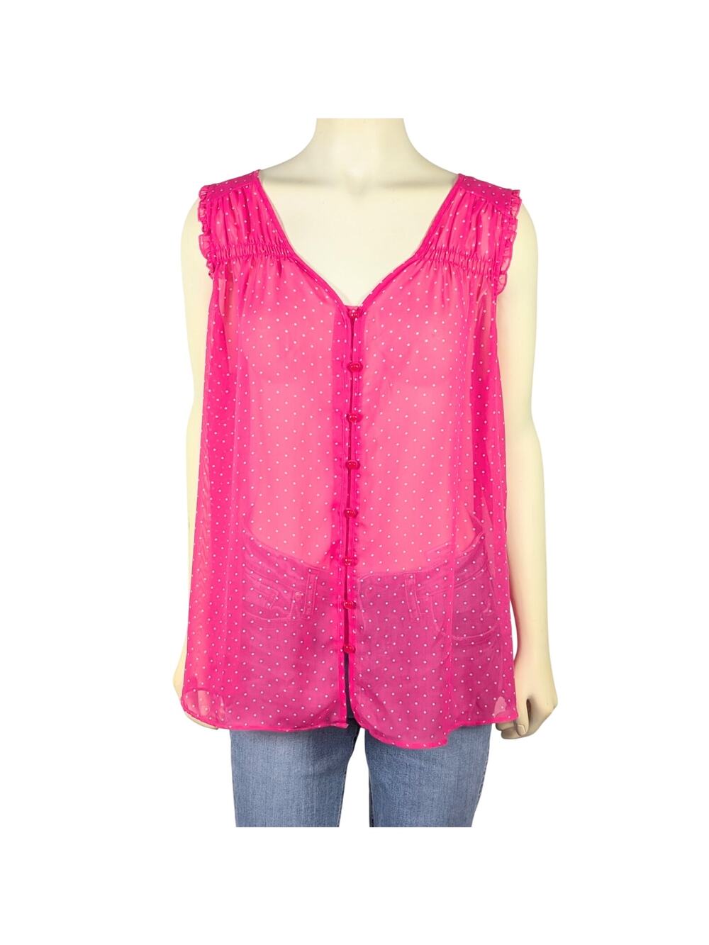 Gap Sleeveless Chiffon Blouse XL Pink Polka Dot Ruffle Shoulder Feminine Sheer